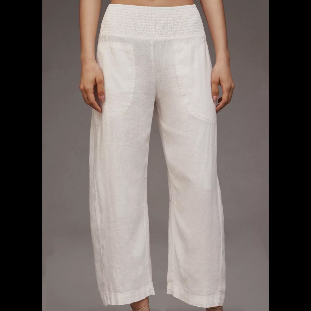 Pilcro (Anthropologie) linen blend barrel leg cropped pants smocked waist S tan